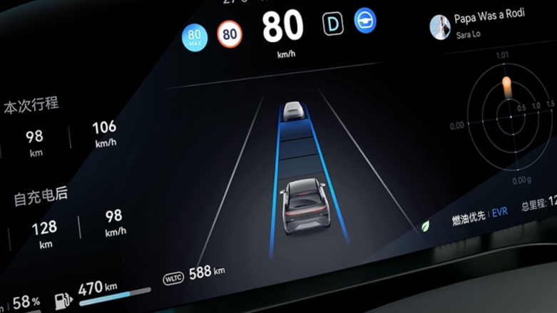 Vista cercana a la pantalla de vehículo Seres 5 con muestra de su asistencia de seguridad ADAS.